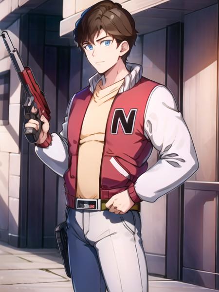 Captain N, 1guy, letterman jacket, gun, pants