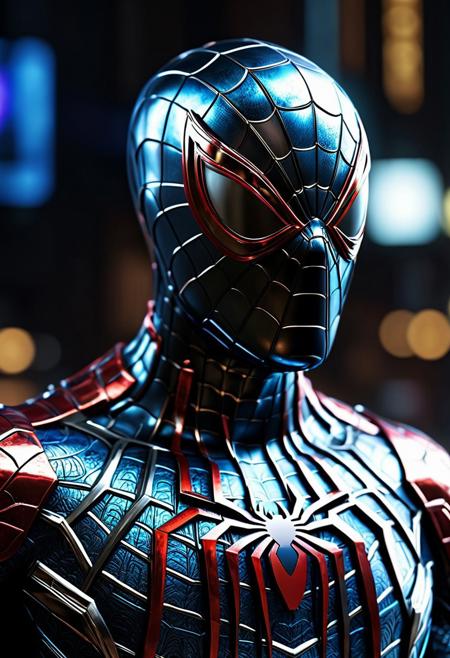 spiderman made out of metal, highlighted metal, glowing emblem,cyberpunk style, realistic, highly detailed, 8k, super realistic