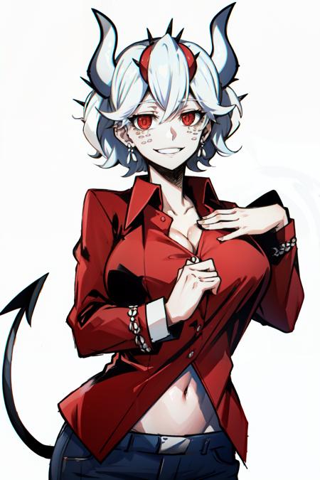 <lora:beelzebub:1>beelzebub(helltaker), freckles, white background, tail, 1girl, large breasts, red eyes, looking at viewer, demon horns, white hair, demon tail, smile, demon girl, simple background, collared shirt, horns, navel, white horns, solo, short hair, red shirt