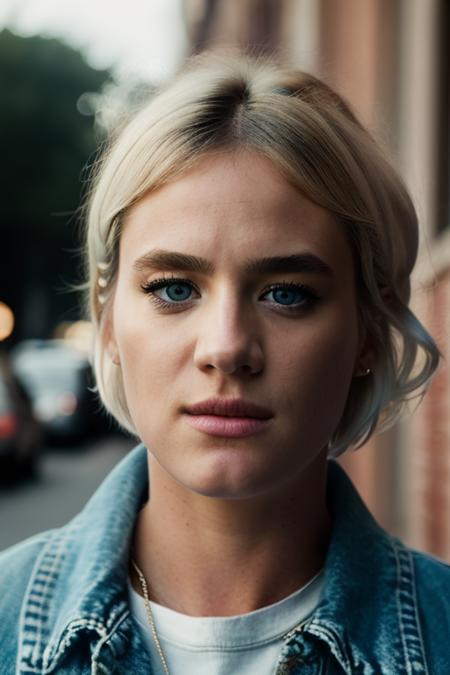 Realistic photo of a beautiful m4ck3nz13d-v1 woman,  1girl, solo, looking at viewer, short hair, blue eyes, white hair, male focus, parted lips, teeth, hair over one eye, lips, portrait, realistic, nose, denim jacket, soft lighting, professional Photography, Photorealistic, detailed, RAW, analog, sharp focus, 8k, HD, DSLR, high quality, Fujifilm XT3, film grain, award winning, masterpiece<lora:m4ck3nz13d-v1:1.0>