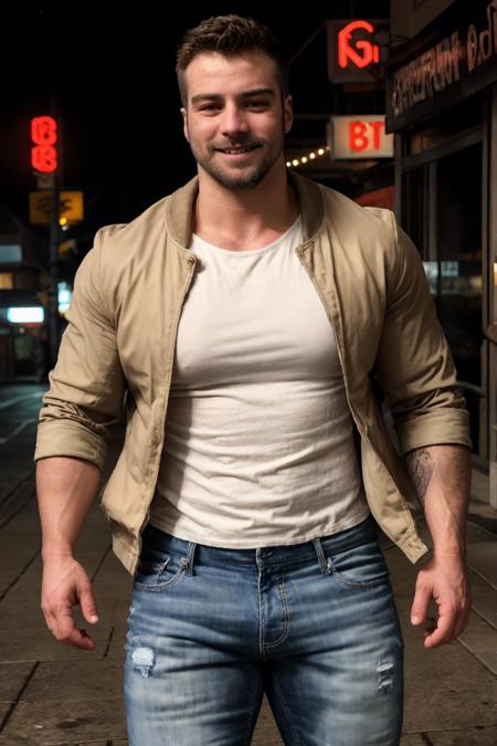 JordanBrandt, photo of a rugged man wearing leather jacket and jeans and white t-shirt walking down the street, smile, soft focus, photo by mark henderson, cinematic, natural lighting, muted colors, night, bokeh, face portrait, (extreme close up:1), urban, beard, dynamic pose, muscular, fog, red and blue neon city lights, alley, realistic, masterpiece, intricate details, detailed background, depth of field <lora:JordanBrandtLora:1>