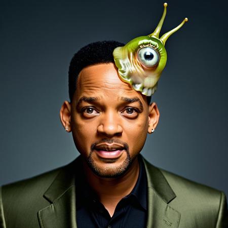 cinematic still studio portrait, 
Will Smith,  dumbfounded,
person wearing  (brainslug alien hat:1.4) on side of head, candid pose,   (cross-eyed:1.5), round iris, grinning face, perfect eyes,
Gray gradient background,  (tenebrism:2.0),  halo, high contrast,
 <lora:BrainSlug_Alien_Hat_XL_V2.2:0.75> . emotional, harmonious, vignette, highly detailed, high budget, bokeh, cinemascope, moody, epic, gorgeous, film grain, grainy