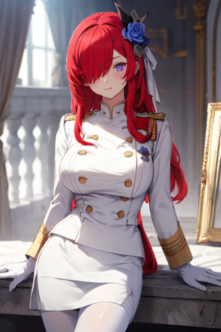 RheaRoss, 1girl, solo, long hair, large breasts, hair ornament, purple eyes, red hair, white gloves, hair flower, pencil skirt, hair over one eye, white military uniform, black pantyhose, mole under eye, buttons, blue rose, white jacket, double-breasted, 