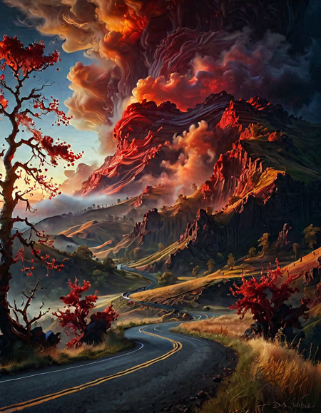 blood,  <lora:Blood for the Blood God:1>, A breathtaking landscape showcasing a vibrant sunrise over rolling hills and dense forests. The foreground features rugged rock formations with patches of foliage, while the background reveals mist gently enveloping the lush valley below. Soft golden hues illuminate the sky, transitioning into deep blues, creating a serene atmosphere. A vast rural landscape under the looming presence of an enormous, swirling storm cloud. The scene is infused with a sense of tranquility, enhanced by the subtle contrast between the warm light and the cool shadows. The composition emphasizes depth by leading the viewers eye through the winding road that cuts through the landscape, inviting exploration. Natures palette complements the calming mood, capturing the essence of early morning in a picturesque environment., ultra detailed, romantic, Rembrandt lighting, brush stroke, lovely, novuschroma, in the style of Rembrandt. del1cate_balance style, vantablack
  , dynamic pose
(Depth of field), low saturation,detail. mythp0rt, charismatic. GLSHS,