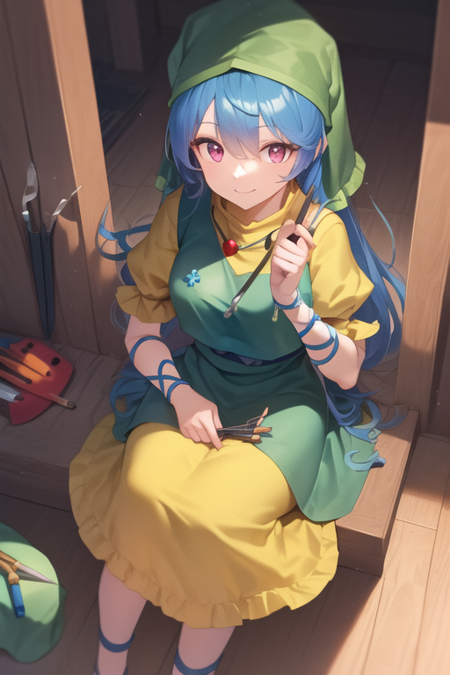 Keiki Haniyasushin purple eyes light blue hair long hair green headkerchief yellow dress green apron with tools in it magatama necklace blue ropes around arms and legs sandals