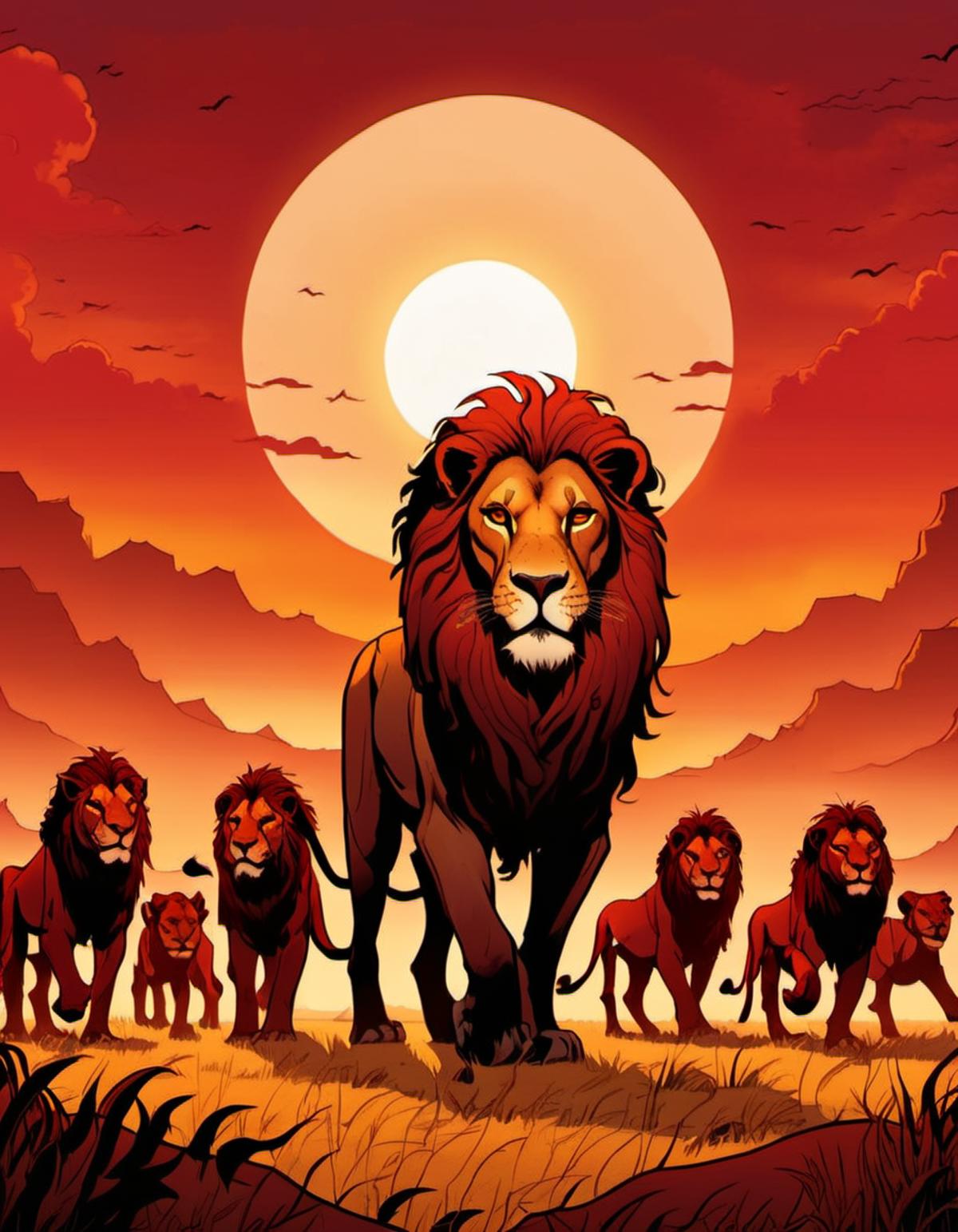 A Lion Leads His Pack at Sunset in an Artistic Illustration