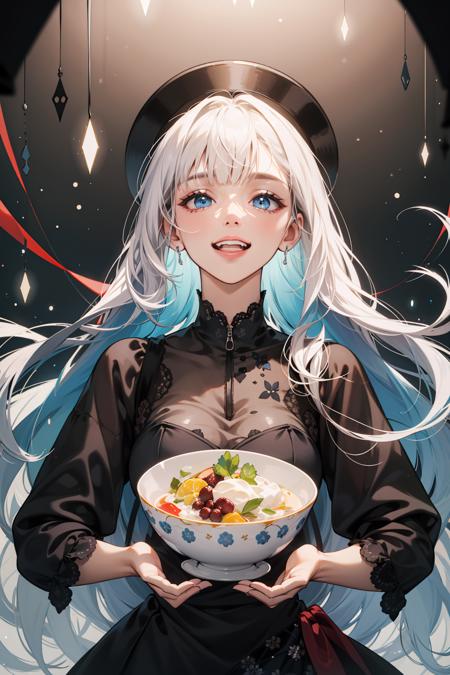 (absurdres, highres, ultra detailed), 1girl, mature female, white hair, long hair, blunt bangs, blue eyes, dress, finely detailed eyes and detailed face, intricate details, BREAK psychedelic art, vibrant colors, swirling patterns, optical illusions, hallucinatory visuals, mind-expanding imagery, counterculture influence BREAK ambigrams, symmetrical designs, rotational illusions, calligraphic art, visual wordplay, creative typography, artistic puzzles BREAK , culinary delights, delicious dishes, gourmet experiences, refreshing beverages, international cuisine, dining culture BREAK ("Thanks for 6K followers" text), (happy:1.8)