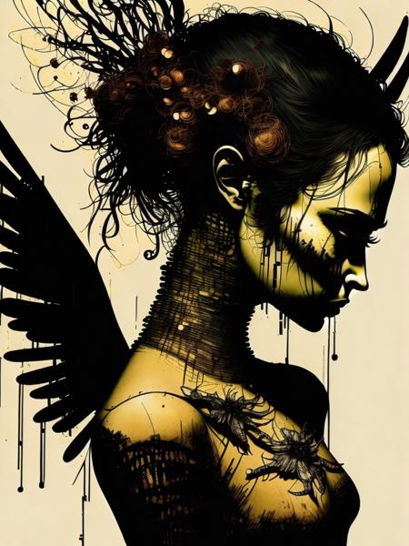 <lora:DaveMcKean:1>a double exposure shot, front profile of a woman with wings on the low of her back and eyes closed fading into nothing, [filled with images of bones, thorns, spider, text, data], center compositions with margins, no watermarks, grange, Dave Mckean style, distressed, rustic, colorful, high contrast, character design,