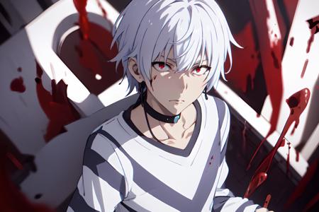 pha accelerator, 1boy, (red eyes:1.4),  accelerator (toaru majutsu no index), constricted pupils, white hair, shirt, solo, choker, striped shirt, striped, albino, earphones, pants, hair between eyes, short hair, collarbone, white shirt, crazy eyes, explosion,
(masterpiece:1.2, best quality), (finely detailed beautiful eyes: 1.2), (detailed background,dark fantasy), high contrast, ((cinematic light)), colorful, hyper detail, dramatic light, intricate details, (blood splatter:1.4), swirling black light around the character, depth of field,black light particles,(broken glass),magic circle,
<lora:accelerator-v1-ph_16:1>