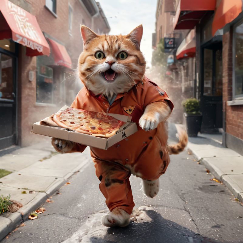 A cartoon cat in an orange jumpsuit carrying a pizza box.