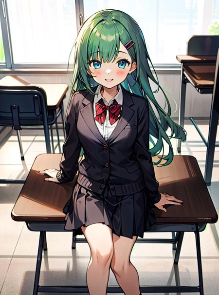 (high quality, best quality), <lora:venaka_bd:1>, 1girl, black anklets, medium breasts, black_skirt, blue_eyes, bow, red_bowtie, cardigan, charm_\(object\), collared_shirt, green_hair, hair_ornament, hairclip, black jacket, loafers, long_hair, long_sleeves, looking_at_viewer, pleated_skirt, school_uniform, socks, solo, standing, sweater, classroom, smile, blush, sitting, on_desk