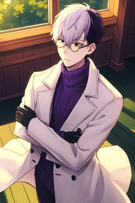 <lora:Tsuchigomori:0.7>  masterpiece, best quality, solo, 1boy, white hair, purple hair, multicolored hair, male focus, glasses, black gloves, turtleneck, white coat, crossed arms, indoors, window, sunlight,