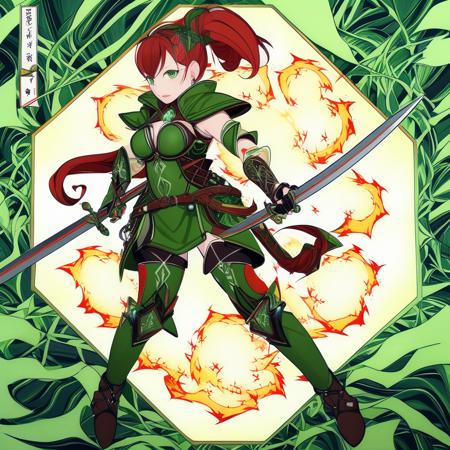 painting of 1girl, with (twintails :1.2) red hair, (elf assassin:1.3), wearing (intricate leather armor:1.1), leather bodysuit, (leather boots:1.3), medieval, rogue, cleavage, (magical:1.1), (green magical explosion:1.3), fighting, green electricity, green lightning, looking at viewer, cleavage, hokusai style