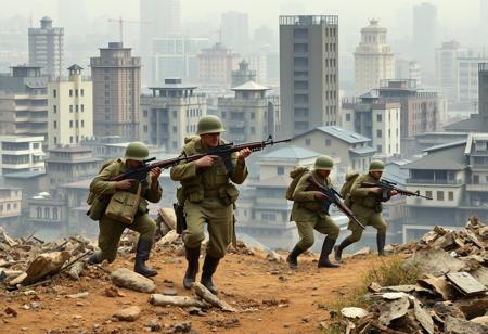 Modern, land war, scene, british soldiers, takein cover, war torn cityscape, asia,