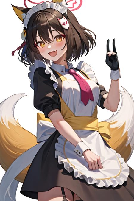 best quality, masterpiece, highres, solo, {maid:1.40}, {long maid dress:1.15}, {izuna_bluearchive:1.15}, animal_ears, fox_ears, fox_girl, animal_ear_fluff, halo, brown_hair, bangs, short_hair, yellow_eyes, hair_ornament, smile, open_mouth, blush, fang, fox_tail, tail, hair_between_eyes, breasts, serafuku