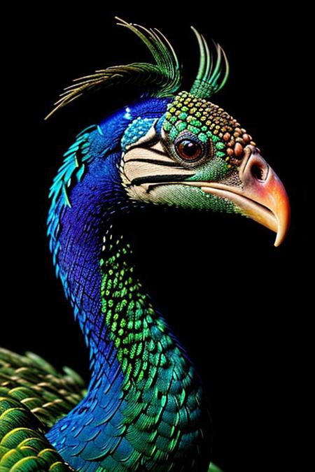 Create a photorealistic close up image of 1peacock, feathers,vibrant colors and dark background, highly detailed, aesthetic, great lighting, extremely detailed,  award winning, perfect composition, a rich and complex image of nature, a vibrant tissue of hues and textures captured digitally, best quality, realistic, captivating, intricately detailed, hyper detailed, maximalist style, photorealist, sharp focus, dynamic lighting, superb composition, finest details, highest aesthetics, best quality, sharp focus, high contrast, stylized, clear, colorful, ultra quality, 8k, best quality, masterpiece,midjourneyv6.1
