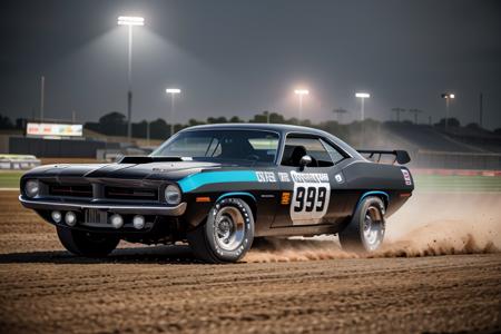 1970PlymouthBarracuda racing on a dirt race track, dust cloud behind, rule of thirds composition,
Hasselblad, cinematic, sharp focus, masterpiece, best quality, official art, extremely detailed CG unity 8k wallpaper, illustration, moving, background motion blur, wet, (((NIGHT))),neon lights, drift,
 <lora:1970PlymouthBarracuda_v01:0.9>