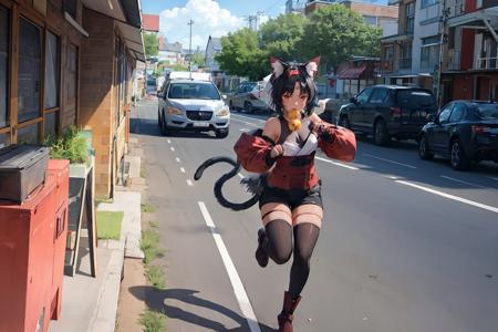 masterpiece, best quality,animal ears, 1girl, tail, cat tail, black hair, cat ears, animal ear fluff, red eyes, fish, two tails, multiple tails, cat girl, cat, hairband, running, mouth hold, headband, detached sleeves, bird, gloves, solo, short hair, food in mouth, food, animal, fingerless gloves, nekomata, bangs, thighhighs, black gloves, puffy sleeves, barefoot, long sleeves, bridal gauntlets, road, outdoors, shorts, crosswalk, black cat, street, fur trim, boots, ground vehicle, orange eyes, single thighhigh, slit pupils, long hair, full body, fingernails,