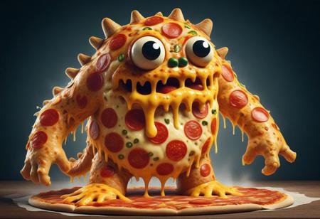 Comicstyle illustration of a Roaming Pizza-monster with sloppy cheese
