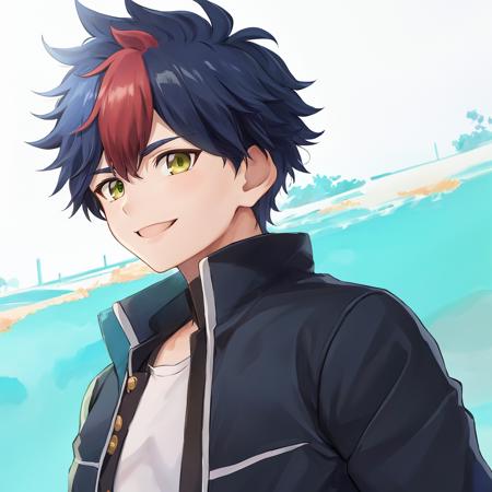 <lora:tianlongguang-000002:0.9:MIDD>,1boy, tianlongguang, male focus, solo, blue hair, multicolored hair, smile, red hair, green eyes, two-tone hair, looking at viewer, jacket, upper body, simple background, white background, school uniform