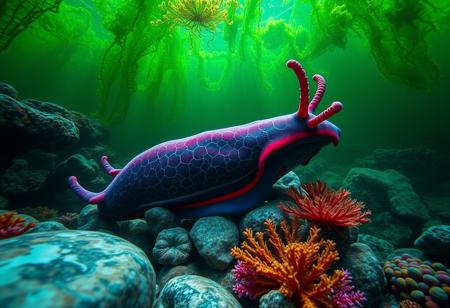 semi-realistic masterpiece image, best quality, 4K,, 8k UHD, ultra-high resolution, ultra-high definition, highres, BREAK, an underwater scene, green algae infested water gives a green hue to the scene, volumetric lighting from sunlight above the water's surface, gigantic sea slug, cruising the ocean floor, the sea slug has rich colors of dark blue purple and magenta with fiery red accents. the slug is surrounded by multi-colored, marbled polished stones and colorful coral. Keep the colors rich and natural, (no pastels or colors that are too vibrant).