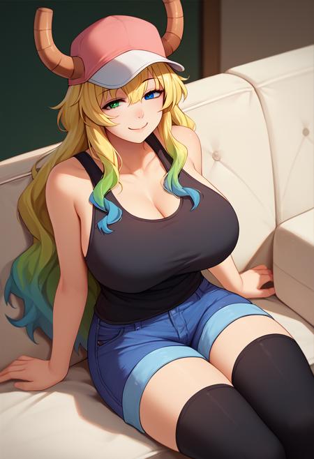 mkdmluc0a, dragon horns, heterochromia, green eyes, blue eyes, large breasts pink headwear, horns through headwear, baseball cap, black tank top, blue shorts, denim shorts, short shorts, black thighhighs, bare shoulders