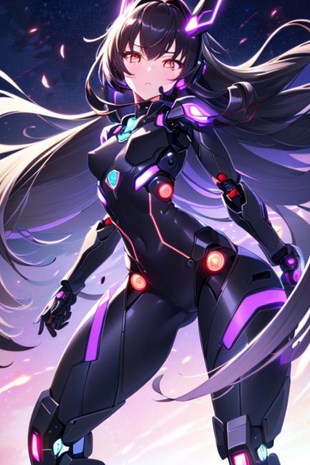 (sfw), intricate details, (bright neon colors), detailed background, night, 1girl, (petite, (cute face, bright glowing purple eyes), (human torso, petite perky breasts, robotic limbs), (black hair, absurdly long hair, hair blowing in the wind)), sleek detailed impossible bodysuit, cybernetic headset, sneaking, dynamic angle