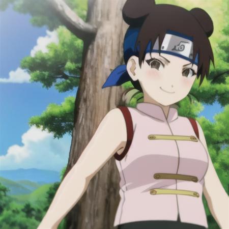 <lora:tenten-04:1>, tntn, 2 buns, short brown hair, "sleeveless pink shirt", girl, blushing, smile, black pants, trees, scrolls, forest, smug