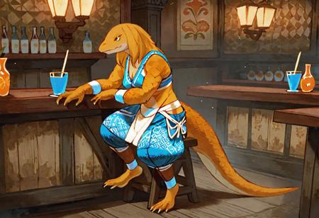 bangaa female with scaly (orange reptile skin:1.4), atheltic and muscular posture with a short tail. sitting on a stool in an Ivalice tavern which is dimly lit. her upper body is wrapped in white bandages and she wears (blue dhoti pants with a flower pattern:1.2). drinking at a bar counter in a tense posture. muted light, fantasy world, narrative tension, watercolor sketch with thick strokes and intricate details