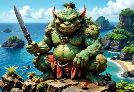 (in Otomo Katsuhiro style:1.2), high-quality, masterpiece,  a gobblin sitting on a small rock, mean grin on face green skin holding a sharp knife in his hand pointing on viewer tropcial island background with a dreamy surreal atmosphere, (elaborate fine details:1.1), (hyperdetailed:1.1), (intricate details:1.0), (Refined details:1.1), (best quality:1.1), (high resolution:1.2)