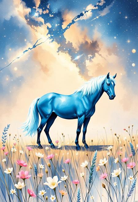 "A dreamlike meadow under a celestial sky, where overexposed stars melt into soft, ethereal glows—like smudged chalk on indigo paper. Below, a windswept field of wildflowers sways in muted pastels: blush pinks, dusty lavenders, and wheat golds, their petals lifted in a gentle wind as translucent as tissue paper. At the center, a translucent blue horse stands poised, its form glowing with a quiet cerulean halo, mane trailing into delicate stardust. The air hums with subtle gradients—sky meeting earth in layered washes of watercolor, while faint streaks of silver suggest distant comets. Keep Flux’s fluidity but mute the chaos: focus on whispered surrealism, where motion blurs into serenity and light feels like a held breath."  
--- 
<lora:FLUX-daubrez-DB4RZ-v2:0.35> DB4RZ, DB4RZ style painting <lora:illustration004:0.8> illustration004 chaotic expressive line-art scribbled and erratic strokes monochromatic black ink <lora:Scribble Portrait Drawing:0.35> Drawing <lora:aidmaMJ6.1_v0.5_3:0.35> aidmamj6.1, aidmamj6, mystcorbCE_style