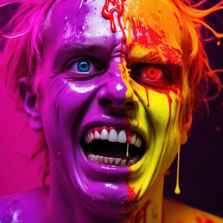 contrasting colors, exaggerating expression, sinfully sloppy, hopeless hallucination, seemly schizophrenia, drastically distorted