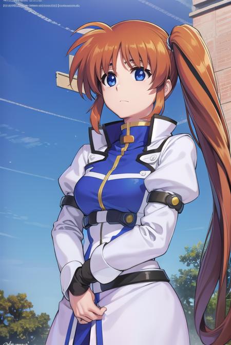 nanohatakamachi, <lora:nanohatakamachi-lora-nochekaiser:1>,
nanoha takamachi, (takamachi nanoha:1.5), long hair, blue eyes, brown hair, hair ribbon, (side ponytail:1.5), white ribbon,
BREAK magical girl, jacket, collar, puffy sleeves, long sleeves, white jacket,
BREAK looking at viewer, full body, upper body,
BREAK outdoors, city, sky,
BREAK <lyco:GoodHands-beta2:1>, (masterpiece:1.2), best quality, high resolution, unity 8k wallpaper, (illustration:0.8), (beautiful detailed eyes:1.6), extremely detailed face, perfect lighting, extremely detailed CG, (perfect hands, perfect anatomy),