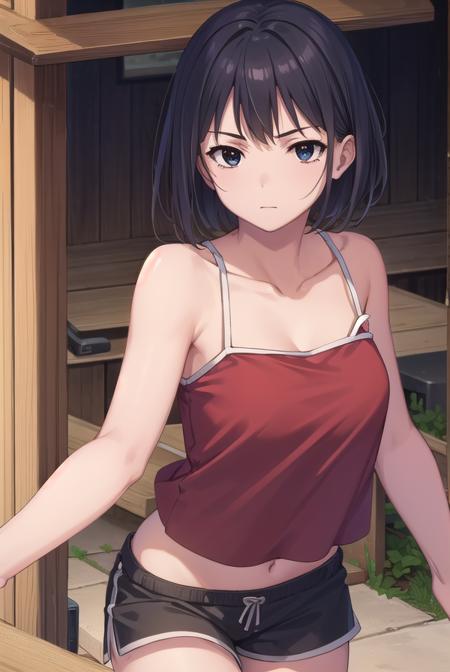 keiko sanjou, short hair, black hair, (black eyes:1.5), shorts, black shorts, camisole, bare shoulders, collarbone, (red camisole:1.5),