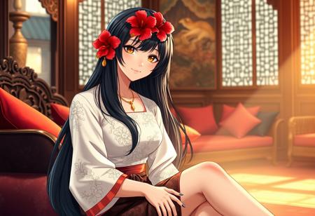 An anime-style depiction of a woman with long, silky black hair, adorned with bright red hibiscus flowers, sitting gracefully in a richly furnished traditional Indonesian room, bathed in soft, warm light. The room is a testament to the careful craftsmanship, featuring intricately carved wooden furnishings and plush, rich red cushions, contributing to the atmosphere of luxurious comfort. She is dressed in a stunning white kebaya, distinguished by its delicate floral motifs, elegant long sleeves, and intricate embroidery. Completing her look is a short, dark brown batik sarong skirt, which adds a layer of cultural heritage and charm. Her golden eyes radiate warmth and gentleness, complemented by the soft smile that softens her face. A delicate gold pendant necklace rests elegantly against her skin. Her black high heels add a touch of modern sophistication to the scene. This highly detailed, high-resolution image is rendered with soft, warm lighting, perfectly capturing the elegant aesthetic of the culture. The richness of Indonesia’s heritage and the graceful beauty of the woman are brought to life through painstaking detail, creating a harmonious visual narrative.