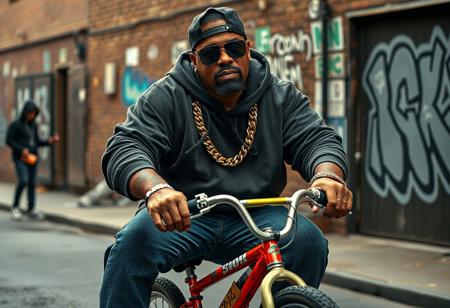 Create a highly detailed, realistic photographic image captured with an aspherical Panavision 105mm lens effect. The scene features a big, heavyset rapper with a bold hip-hop style, inspired by Snoop Dogg and 50 Cent, riding a small, colorful young boy’s bicycle. The rapper wears large gold chains with diamond accents, oversized sunglasses, and a fitted cap turned slightly to the side. His outfit includes a baggy hoodie, jeans, and classic sneakers, with visible tattoos on his forearms. His expression is cool and confident, capturing classic hip-hop swagger. In the background, set in the Bronx, is a gritty urban environment with graffiti-covered walls and a hint of street activity, including someone discreetly smuggling a small, suspicious package. The scene combines realism with a dramatic urban vibe, highlighting hip-hop culture and the street’s raw atmosphere