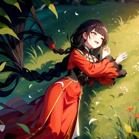 <lora:Yanagiba-10:0.7>, wdspanda, smile, open mouth, long sleeves, dress,  very long hair, braid, flower, outdoors, lying, bird, red dress, grass, feathers, long dress, field