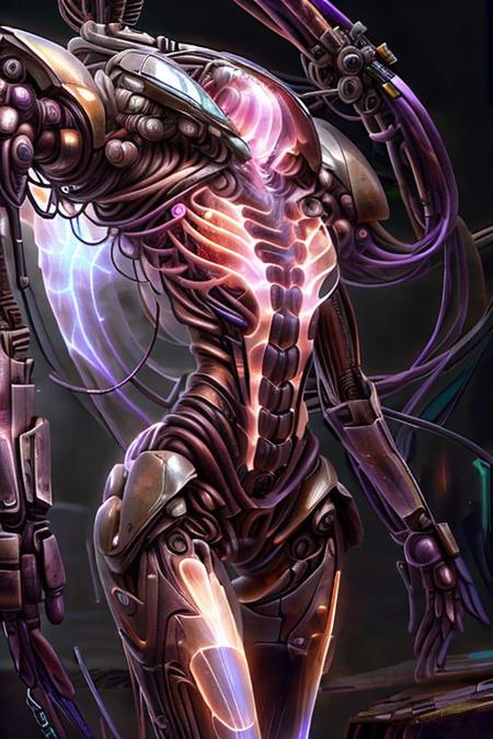 waist-length portrait, a woman pale Crab, posing for fashion, ((long neck, slender arms)) biopunk armour, (luminesce purple hues glowing) scifi, highly detailed, 8k