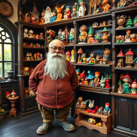 the toymaker, a stout cheerful looking man with round glasses and a long white beard, stands proudly next to an ancient, dark wood, floor to ceiling, shelf unit, on the shelves are displayed many beautiful and magical toys, black wood floorboards, vibrant colours,