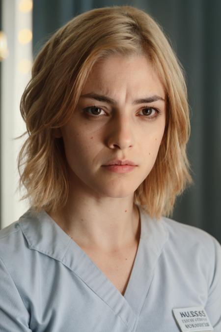 portrait photography, headshot, a nurse in white scrubs, at a hospital, worried expression, soft colors, bokeh, masterpiece, high quality, (high detailed skin:1.1)
 <lora:cassandra_anderson_dredd_lora_v01:0.85> and3r5on