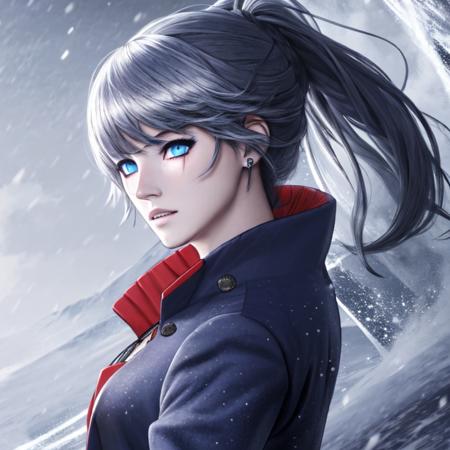 masterpiece, highres, best quality, 1girl, left side profile, (scar on left eye), hyper detailed eyes, [WeissSchneeFull:0.8], <lora:Weiss Schnee:0.8>, snowstorm background, cropped jacket, highly detailed, rule of thirds, jewelry, long hair, bangs, hair between eyes