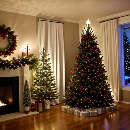Festive decorative arrangement with christmas tree and christmas lights