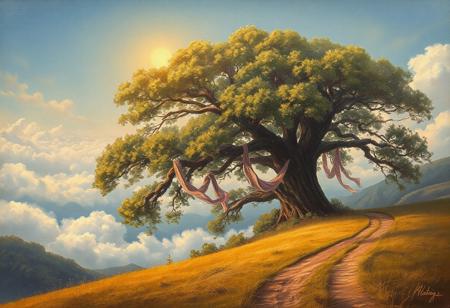 Fantasy scene, oil paint, big tree, big tree in the far distance, tree tower above clouds, silk, glowing pink silk tied to branches of the tree, a golden mist in the sky, grassland, grassland in the near distance, dirt road, a dirt road leading off into the distance, mountains and clouds can be seen faintly in the distance