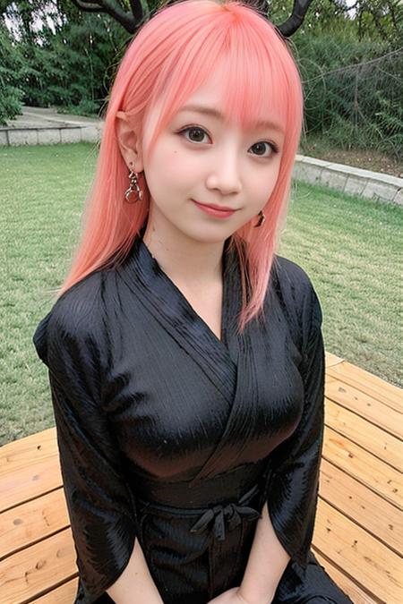 "1girl,photo of realyami, pink hair, (short hair:0.550),best quality, earrings,(black kimono:1.4),torii, cherry blossoms, (detailed face:1.4), (looking at viewer:1.25), shiny skin, smile, simple background,((half body:1))  <lora:realyami_v1.2-000015:1>