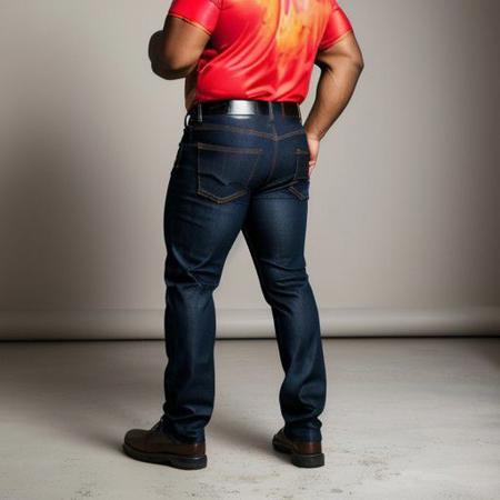 1man, (((oil painting))) bubble butt, Close-up,glimpse,obese but muscular man,showcasing his gluteus, wearing tight red jeans, with extreme definition and texture,detailed creases,shadows and highlights, shapely and well-defined muscles,firm and toned, emphasizing the strength and power,highly detailed stitching,smooth and polished fabric, contrast with well-defined denim texture,semi-glossy finish on the jeans, highlighting the contours and curves,dynamic lighting, casting shadows and creating depth,vivid colors, with a focus on the dark and intense black of the jeans,complementary tones of shadow and light, adding dimension and realism,studio setting, neutral background to draw attention to the subject,photorealistic style, with attention to minute details,sharp focus, capturing the smallest of details,physically-based rendering, realistic portrayal of materials and surfaces,professional photography, producing a high-quality and visually stunning image.