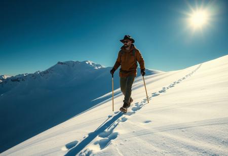 A solitary man chad in weathered brown jacket, green pants, black hat, sunglasses, holding a walking stick, treks right across a vast, pristine snowy mountain under deep blue sky. Harsh sun glare on snow, detailed footprints trail behind. Cinematic lighting, octane render, beautiful matte painting, contemporary aesthetics, high-resolution, lifelike details, impeccable composition, trending on ArtstationHQ.