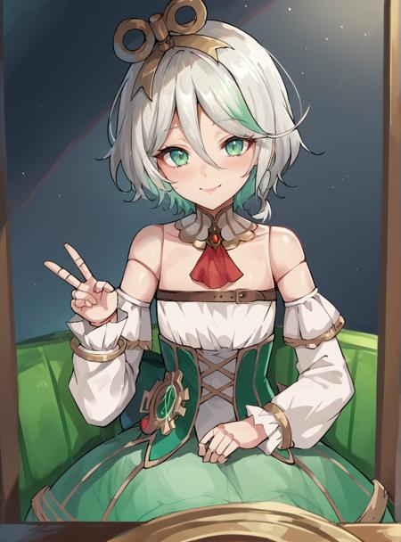 cecilia_immergreen, 1girl, multicolored hair, green eyes, doll joints, joints, bare shoulders, detached sleeves, hair between eyes, white hair, dress v_sign smile,