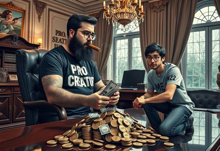 a bearded boos man wearing a t-shirt that says "PRO CREATOR" and smoking a cigar sitting at a big desk in an elegant big office counting lots of bills and coins that say "BUZZ" a slim nerdy guy with glasses wearing a t-shirt that says "ME" kneeling down picking up coins that fall off the desk in a bag