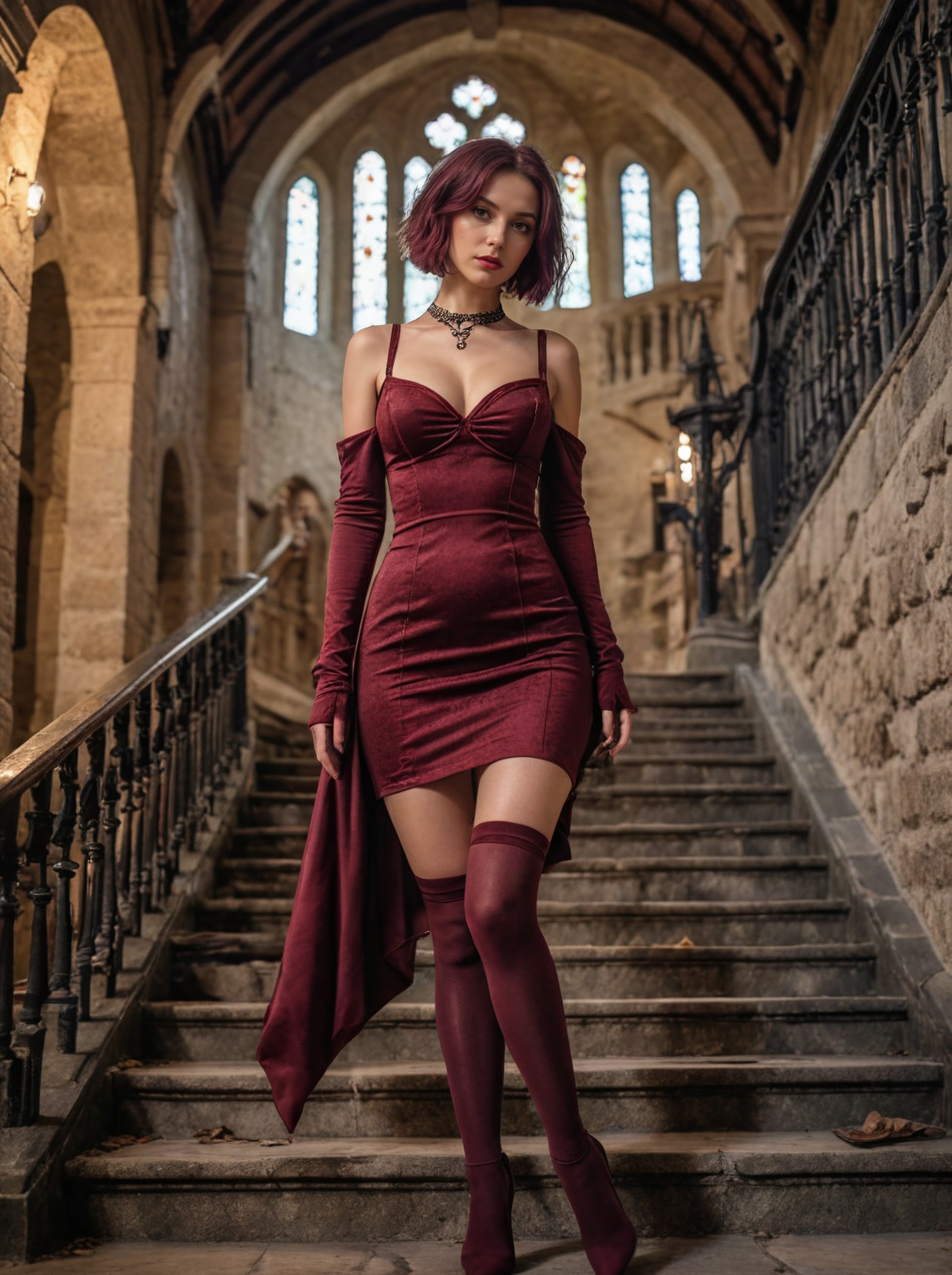 a woman descending stairs wearing a very sexy dress with thigh highs cleavage long legs slim waist looking at viewer stand...