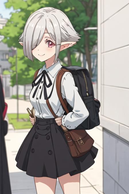 best quality, masterpiece, highres, solo, {perusepone2shi_jashinchandropkick:1.15}, short_hair, pointy_ears, hair_over_one_eye, grey_hair, red_eyes, white_hair, ribbon, smile, 1girl, backpack, bag, looking_at_viewer, skirt, elf, shirt